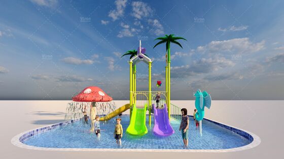 Fiberglass Mini Water Play Structure with 3 Slides and Tipping Bucket for Kids Aqua Playground