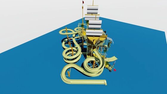 Pirate Ship Water Play Structure with Giant Tipping Bucket and Fiberglass Construction for Kids Water Park Equipment