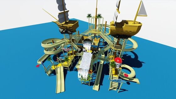 Pirate Ship Water Play Structure with Giant Tipping Bucket and Fiberglass Construction for Kids Water Park Equipment