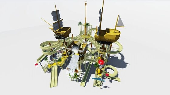 Pirate Ship Water Play Structure with Giant Tipping Bucket and Fiberglass Construction for Kids Water Park Equipment