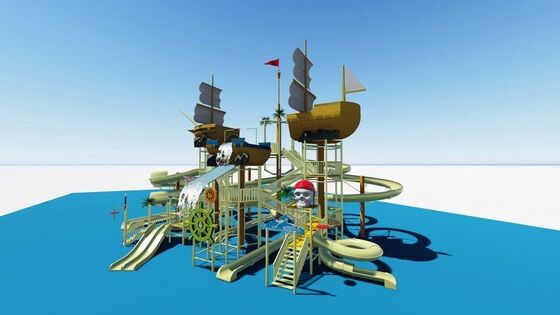 Pirate Ship Water Play Structure with Giant Tipping Bucket and Fiberglass Construction for Kids Water Park Equipment