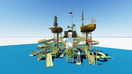 Pirate Ship Water Play Structure with Giant Tipping Bucket and Fiberglass Construction for Kids Water Park Equipment