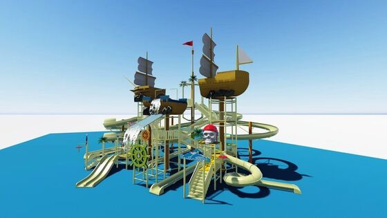 Pirate Ship Water Play Structure with Giant Tipping Bucket and Fiberglass Construction for Kids Water Park Equipment