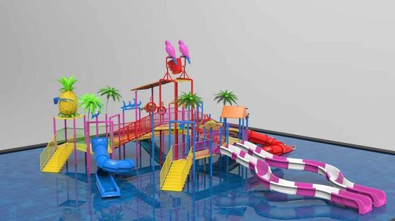 Tropical Theme Water Play Structure with Giant Tipping Bucket and Multiple Slides for Splash Park