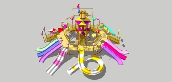 Candy Theme Multi-Level Fiberglass Water Play Structure Splash & Slide Tower for Kids